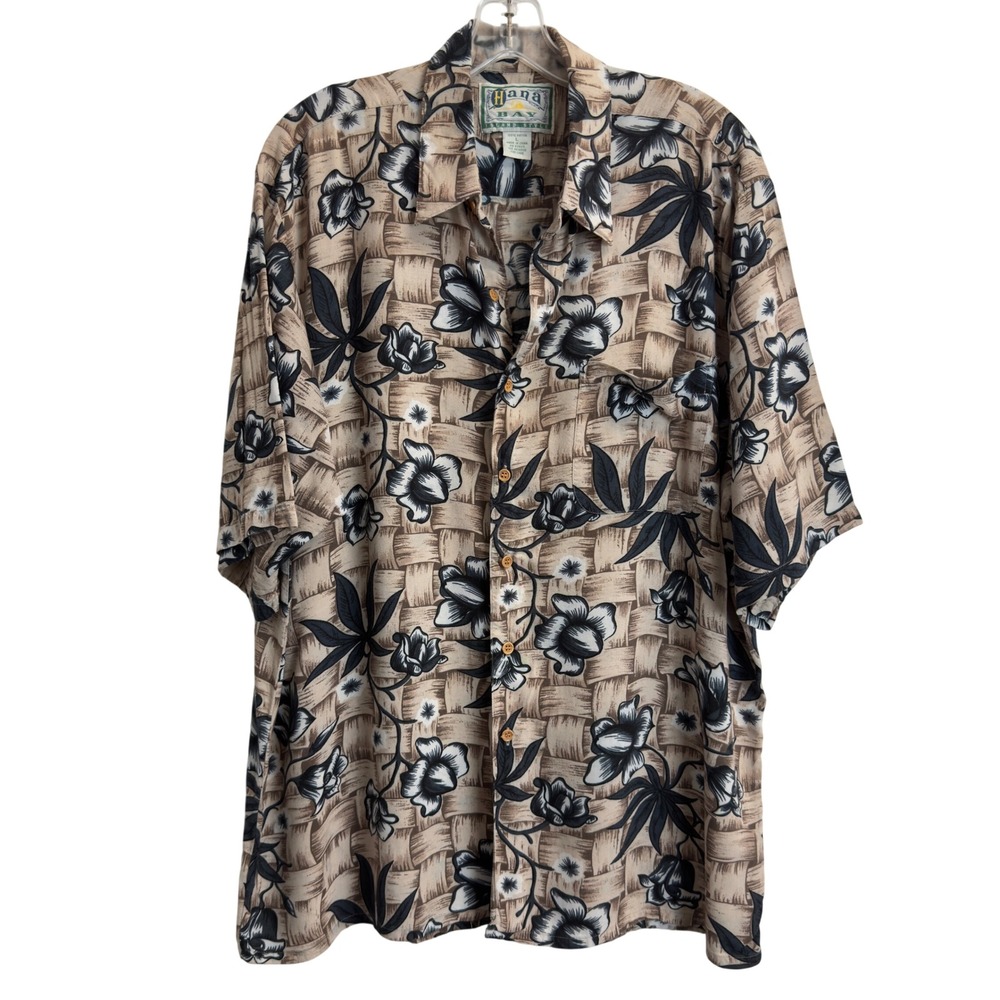 Hana Bay Island Style Mens Large Rayon Tropical Floral Basketweave Aloha Shirt